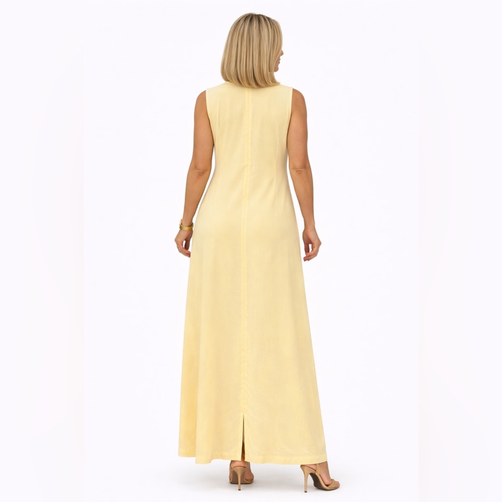 Hugo Buscati Soft Yellow Silk Maxi Shift Dress Size 16 Sleeveless Button Front - Picture 4 of 4
